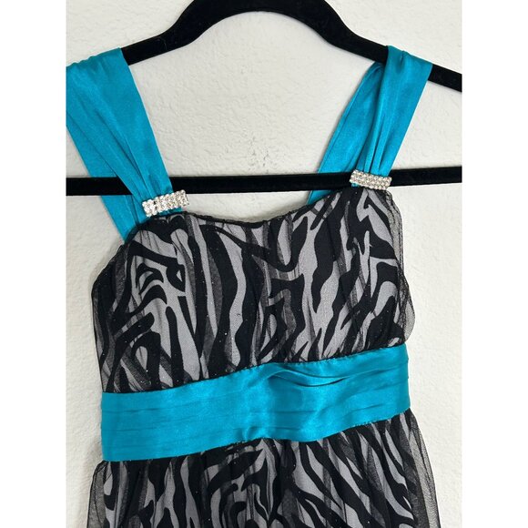 Girls Zebra Print Formal Dress With Blue Sash & Rhinestone Accents size 10 - Picture 2 of 7